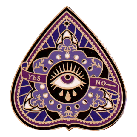 The Quirky Cup Collective planchette kindle grip (similar to an enamel pop socket, also known as a clingie!) features an ouija planchette design with an eye and the words yes and now in shades of purple, black and gold.