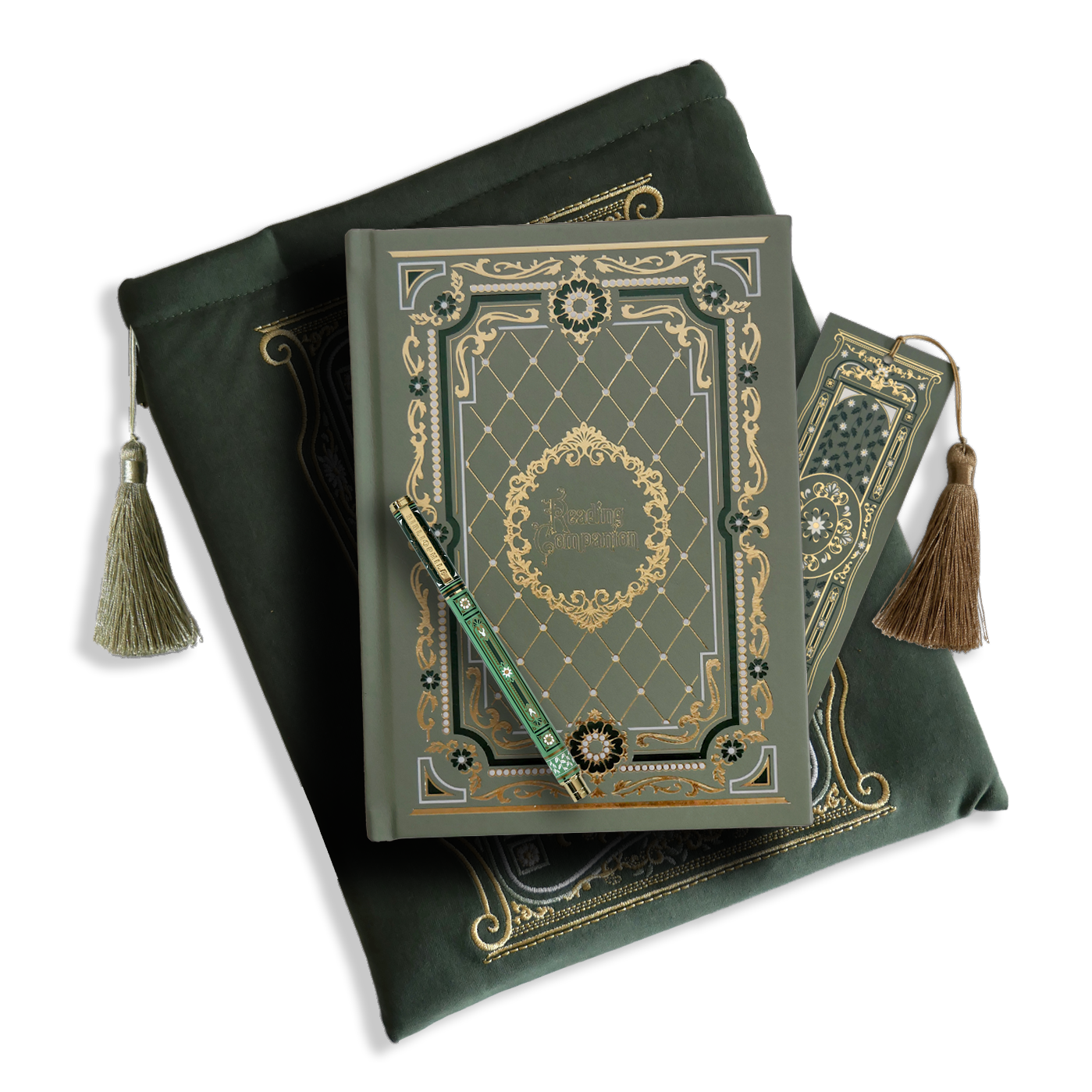 The sage green reading companion bundle from the classic book inspired Literati collection. This soft green variation includes a book sleeve, reading companion journal, pen and bookmark from the collection. All share a slightly Victorian book inspired motif in shades of gold, white and green . The foiled reading companion, pen and bookmark feature intricate gold foiling while the velvet book sleeve is embroidered. The sleeve and bookmark also feature gold and soft green tassels.