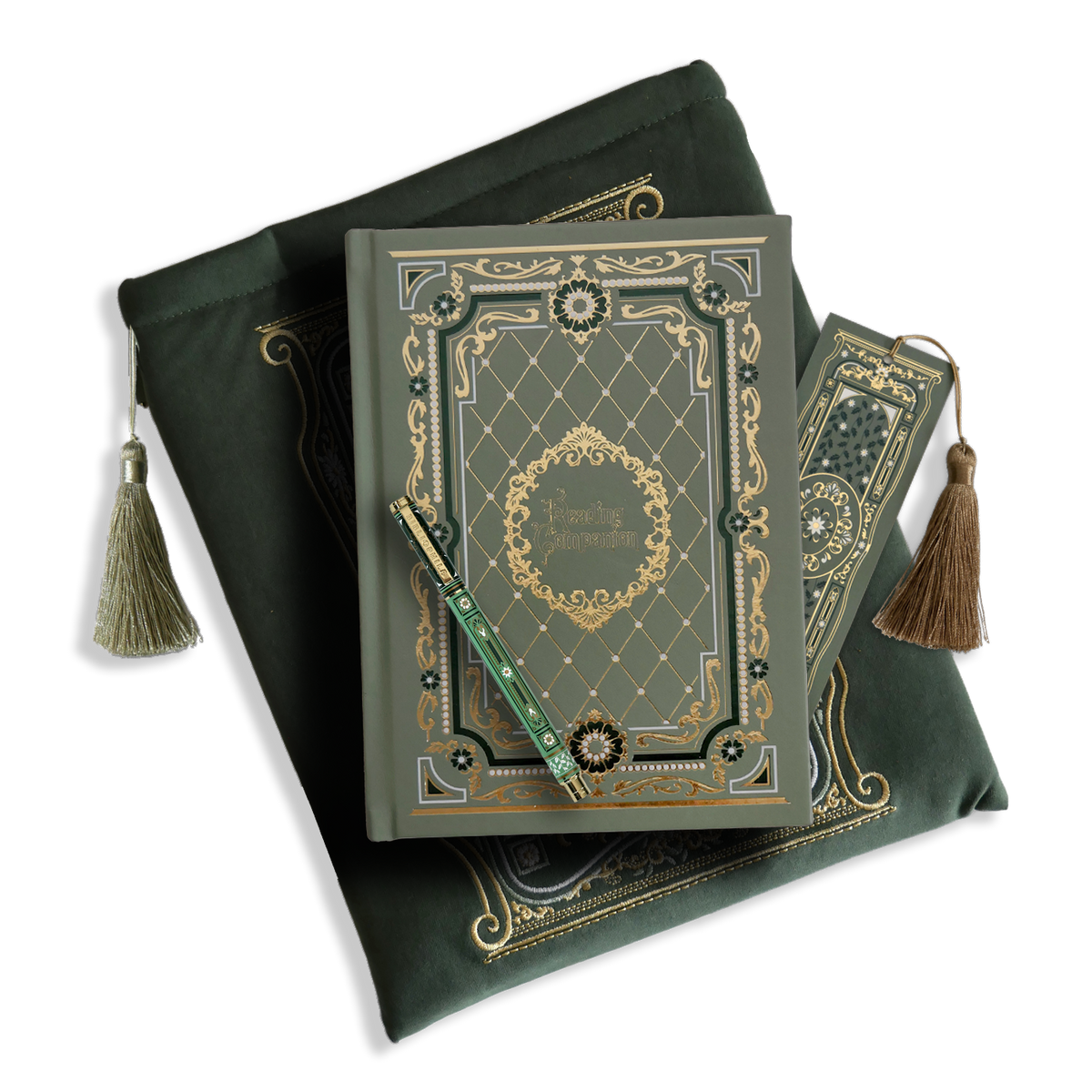 The sage green reading companion bundle from the classic book inspired Literati collection. This soft green variation includes a book sleeve, reading companion journal, pen and bookmark from the collection. All share a slightly Victorian book inspired motif in shades of gold, white and green . The foiled reading companion, pen and bookmark feature intricate gold foiling while the velvet book sleeve is embroidered. The sleeve and bookmark also feature gold and soft green tassels.