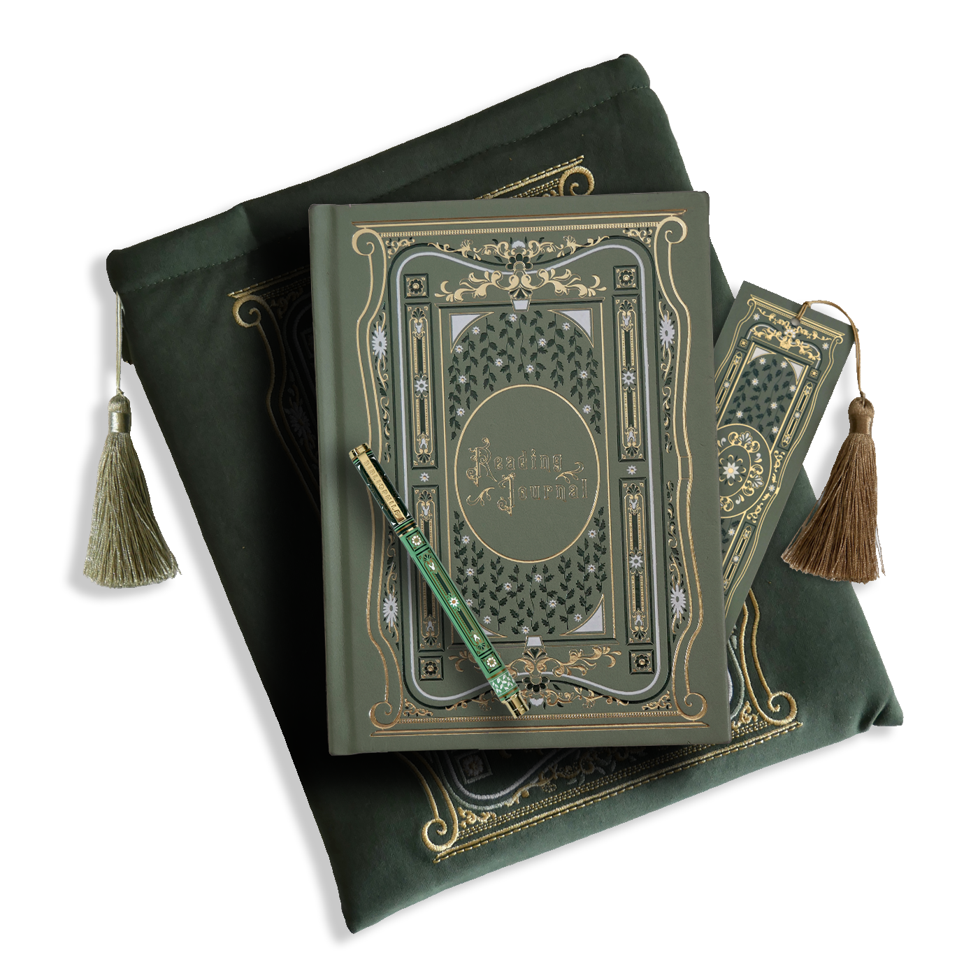 The sage green reading journal bundle from the classic book inspired Literati collection. This soft green variation includes a book sleeve, reading journal, pen and bookmark from the collection. All share a slightly Victorian book inspired motif in shades of gold, white and green . The foiled reading journal, pen and bookmark feature intricate gold foiling while the velvet book sleeve is embroidered. The sleeve and bookmark also feature gold and soft green tassels.