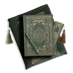 The sage green reading journal bundle from the classic book inspired Literati collection. This soft green variation includes a book sleeve, reading journal, pen and bookmark from the collection. All share a slightly Victorian book inspired motif in shades of gold, white and green . The foiled reading journal, pen and bookmark feature intricate gold foiling while the velvet book sleeve is embroidered. The sleeve and bookmark also feature gold and soft green tassels.
