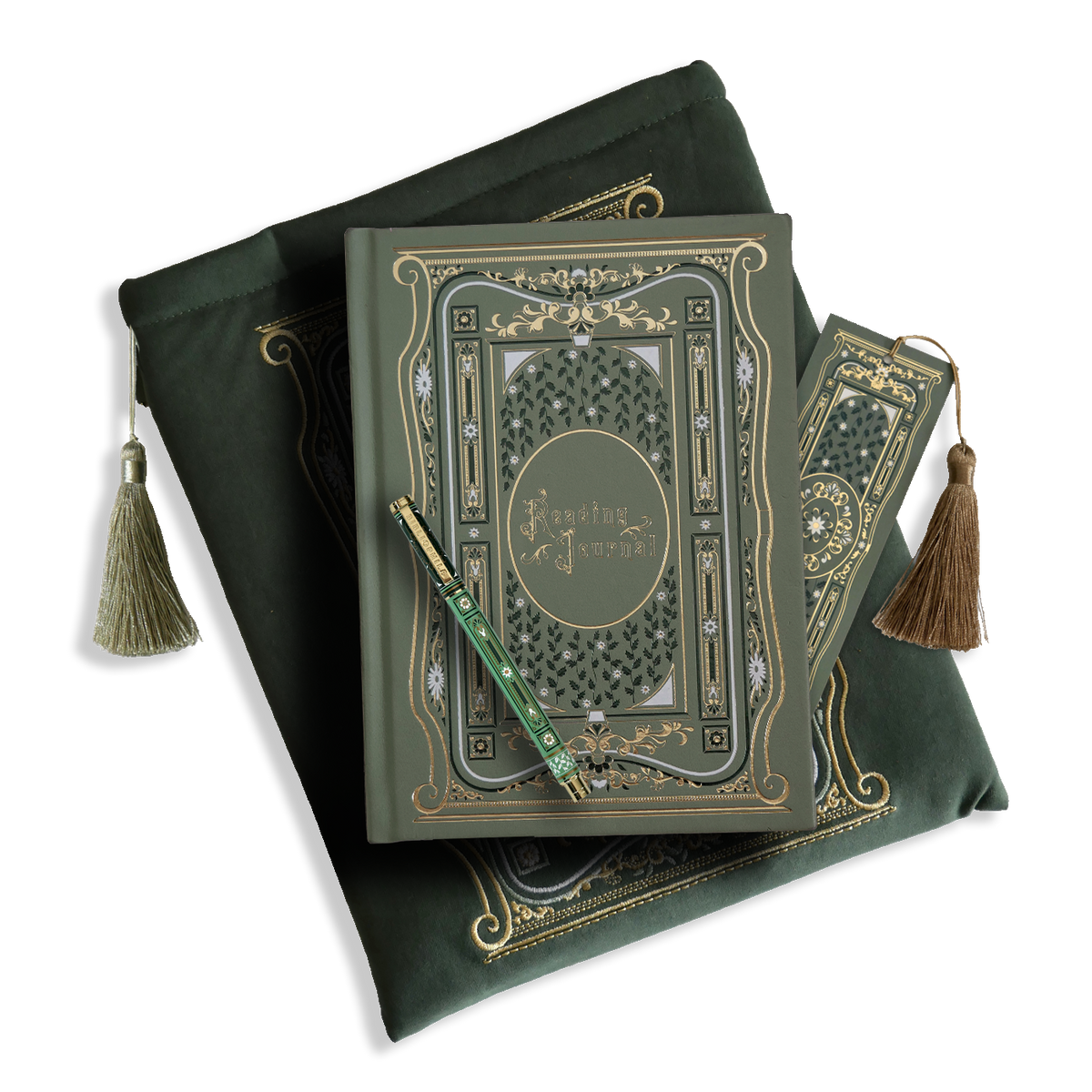 The sage green reading journal bundle from the classic book inspired Literati collection. This soft green variation includes a book sleeve, reading journal, pen and bookmark from the collection. All share a slightly Victorian book inspired motif in shades of gold, white and green . The foiled reading journal, pen and bookmark feature intricate gold foiling while the velvet book sleeve is embroidered. The sleeve and bookmark also feature gold and soft green tassels.