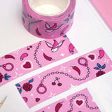 Pink washi tape with red roses, hearts, cherries, chillies, eggplants, birds and handcuffs