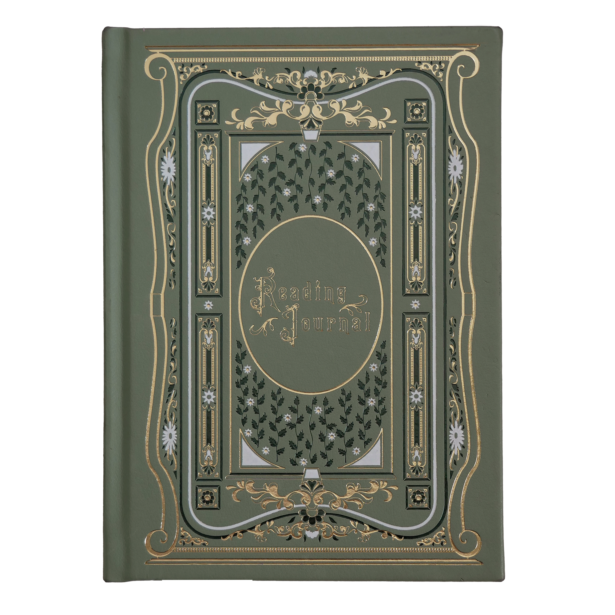 A deep-etched image of a Quirky Cup Collective reading journal in Sage Green. The journal features a vaguely victorian, classic-style aesthetic with intricate floral motifs in shades of green, white and gold and the word 'Reading Journal' in intricate type on the front.