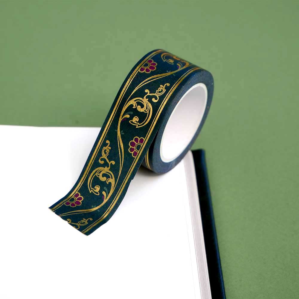 Green washi tape with red flowers and gold foil filagree