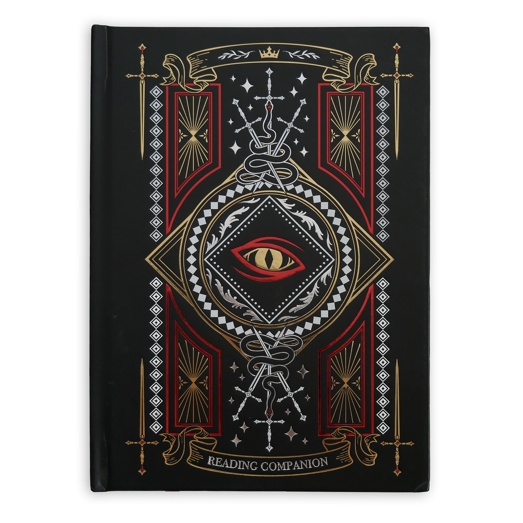 A deep-etched image of a Quirky Cup Collective reading companion in the fantasy book inspired 'Serpents and Swords' collection. The journal is black and features an intricate design foiled in red, gold and white of a dragon eye surrounded by sword motifs. The words 'Reading Journal' on the front.