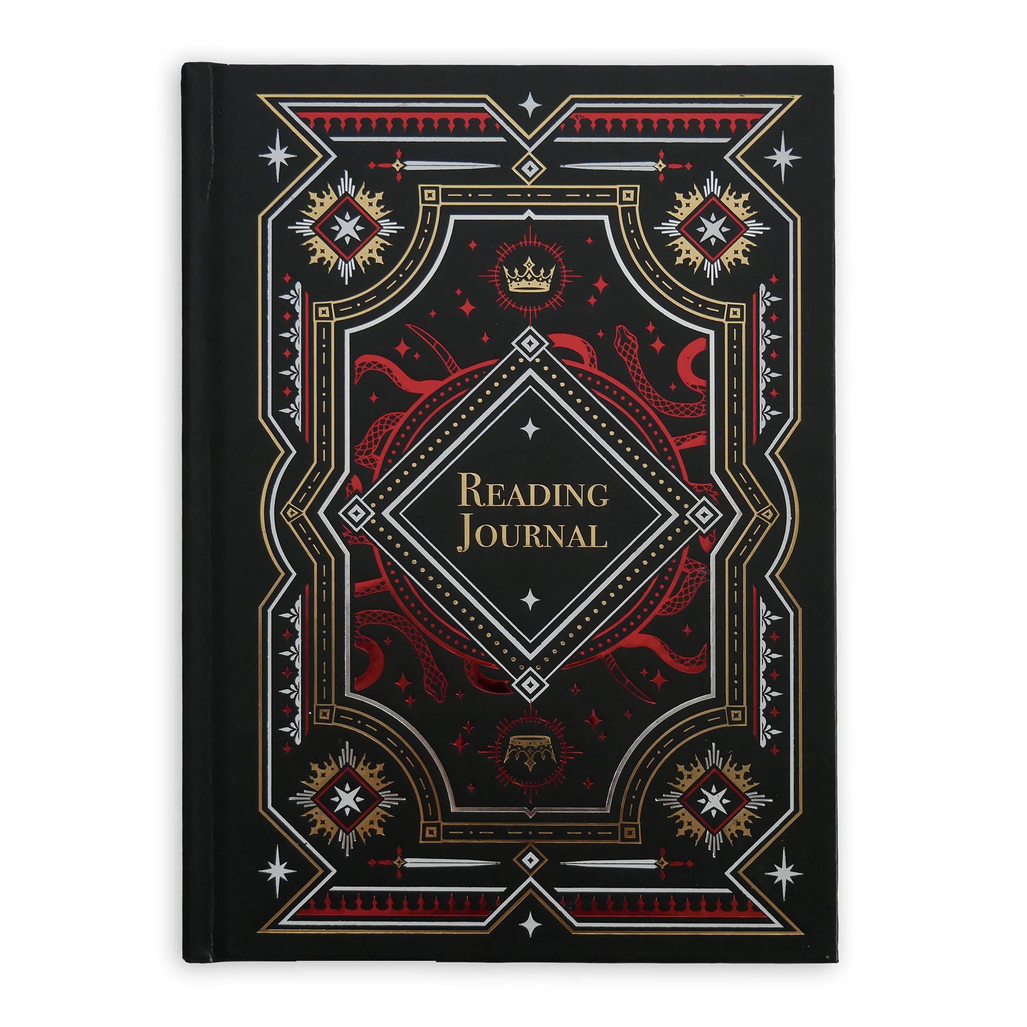 A deep-etched image of a Quirky Cup Collective reading journal in the fantasy book inspired 'Serpents and Swords' collection. The journal is black and features an intricate design foiled in red, gold and white with motifs of snakes, swords, crowns being present. The words 'Reading Journal' on the front.