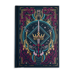 Decorative journal covered in fantasy elements held by hands against a Blue background