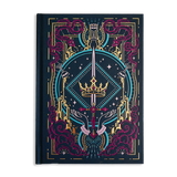 Decorative journal covered in fantasy elements held by hands against a Blue background