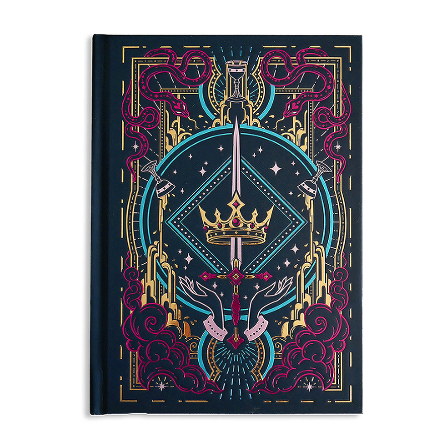 Decorative journal covered in fantasy elements held by hands against a Blue background