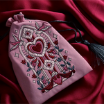 Pink drawstring bag with intricate embroidery on a red fabric background