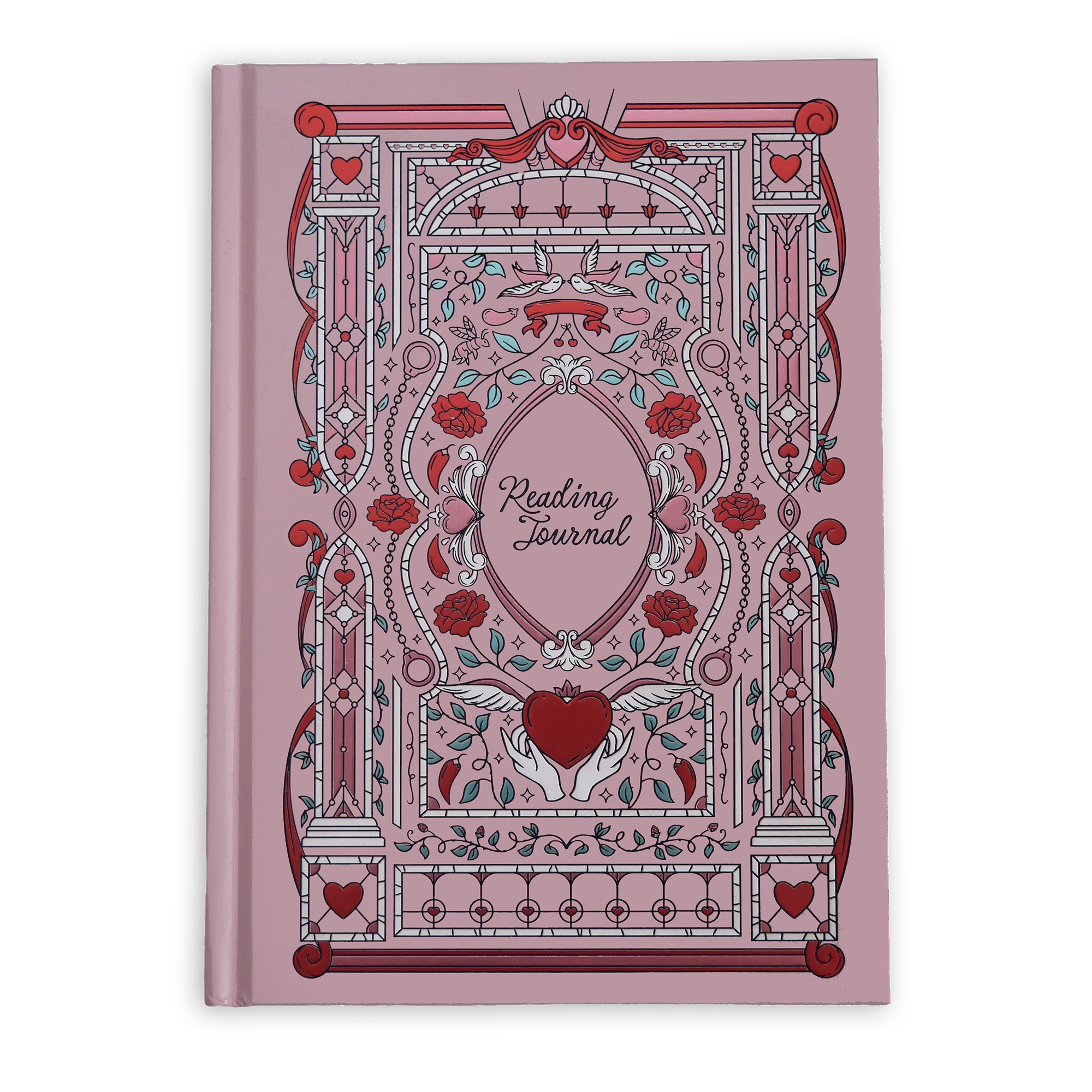 A deep-etched image of a Quirky Cup Collective reading journal in the romantasy inspired 'Sugar and Spice' design. The journal is mostly a pale pink and features illustrations of columns, hearts, roses, bees, birds and romance-book inspired motifs in red, green, pink and white foiling. The words 'Reading Journal' in intricate script on the front.