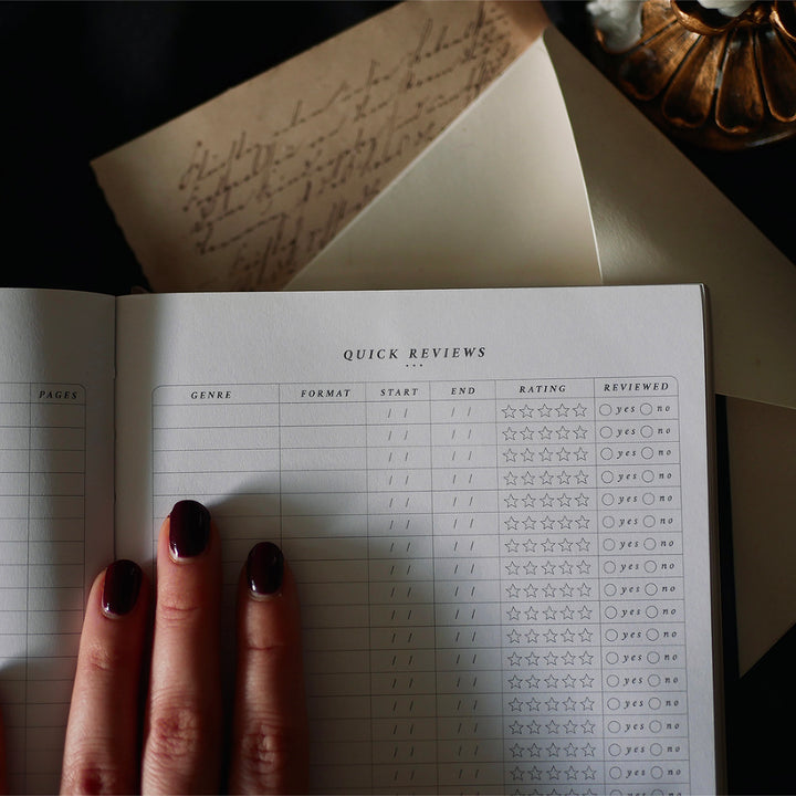 A hand with dark red nail polish and a delicate ring rests on the cover of a Black Reading Journal by The Quirky Cup Collective, showcasing its ornate gold and white embossed design and the words 'Reading Journal' in the center. The journal lies on a smooth black satin fabric, with an envelope, a handwritten letter and a decorative candle holder nearby, creating a luxurious and elegant ambiance