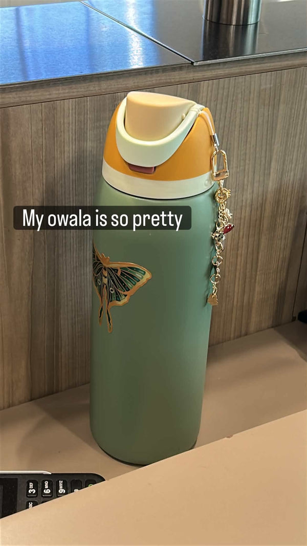 A luna moth sticker and book charmlet are attached to a green Owala waterbottle.