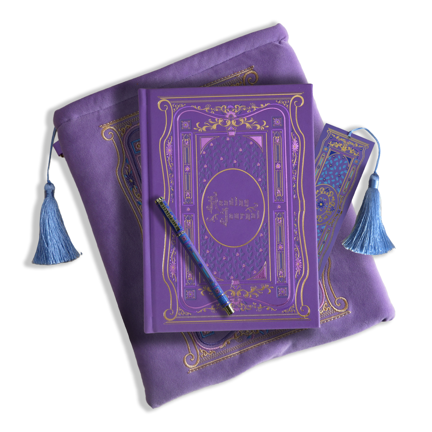 The wisteria reading journal bundle from the classic book inspired Literati collection. This soft lilac variation includes a book sleeve, reading journal, pen and bookmark from the collection. All share a slightly Victorian book inspired motif in shades of gold, pink, purple and blue. The foiled reading journal, pen and bookmark feature intricate gold foiling while the velvet book sleeve is embroidered. The sleeve and bookmark also feature light blue tassels.
