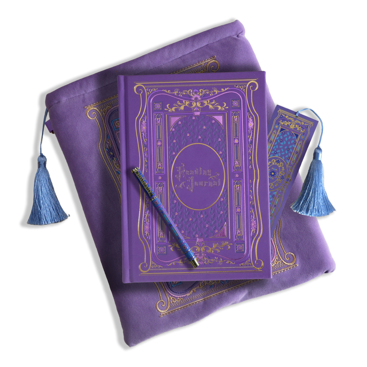 The wisteria reading journal bundle from the classic book inspired Literati collection. This soft lilac variation includes a book sleeve, reading journal, pen and bookmark from the collection. All share a slightly Victorian book inspired motif in shades of gold, pink, purple and blue. The foiled reading journal, pen and bookmark feature intricate gold foiling while the velvet book sleeve is embroidered. The sleeve and bookmark also feature light blue tassels.