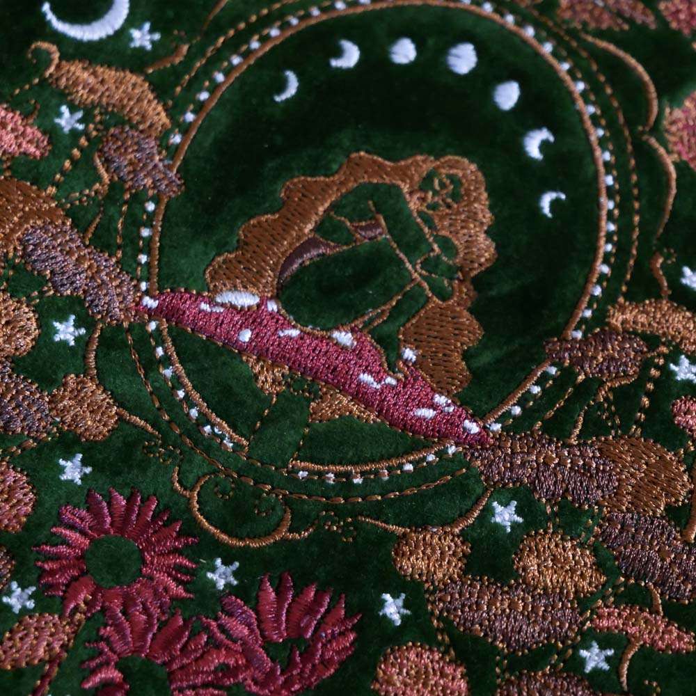 Green velvet Kindle and Kobo sleeve with embroidered botanical fall autumn inspired design, padded eReader protective case with zip closure and back pocket