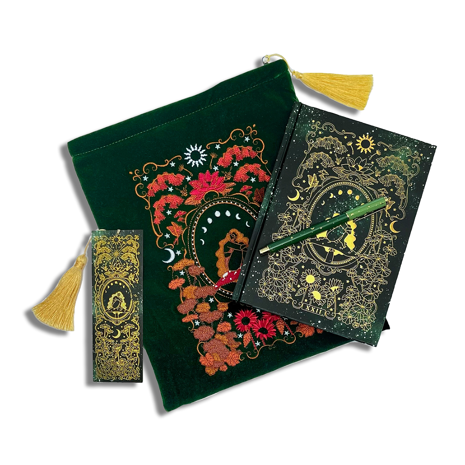 bundle of green stationery items on a plain background. Items are a book sleeve, journal, pen and bookmark. Design features a girl sitting on a mushroom surrounded by an ornate frame and botanicals decorations. 