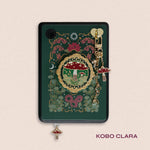 Decorated Kobo Clara with a set of aesthetic ereader accessories. Theme is cottage core and includes a toadstool mushroom, lily of the valley, nasturtium, butterflies, dandelions, moons and stars. Colours are green, red, white and gold. 