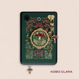 Decorated Kobo Clara with a set of aesthetic ereader accessories. Theme is cottage core and includes a toadstool mushroom, lily of the valley, nasturtium, butterflies, dandelions, moons and stars. Colours are green, red, white and gold. 
