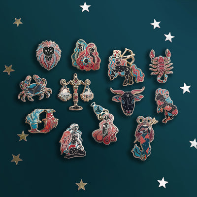 Set of 12 Zodiac Pins - Aquarius - Aries - Cancer - Capricorn - Gemini- Leo - Libra -Pisces - Sagittarius - Scorpio - Taurus - Virgo - The Quirky Cup Collective