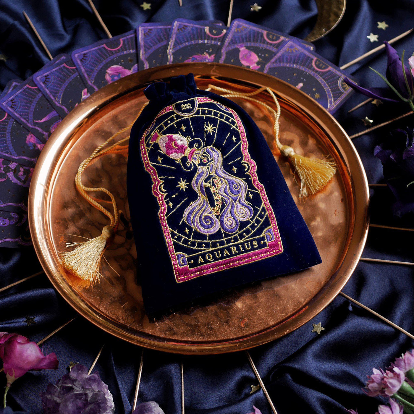 Aquarius Zodiac Tarot Deck Pouch Bag. Altar Decor protector bag for Tarot and Oracle decks. Dice bag Dungeons and Dragons D&D. Navy Blue Velvet with gold colourful Zodiac embroidery. Gold Tassel drawstring bag. Astrology decor. Zodiac gift. The Quirky Cup Collective