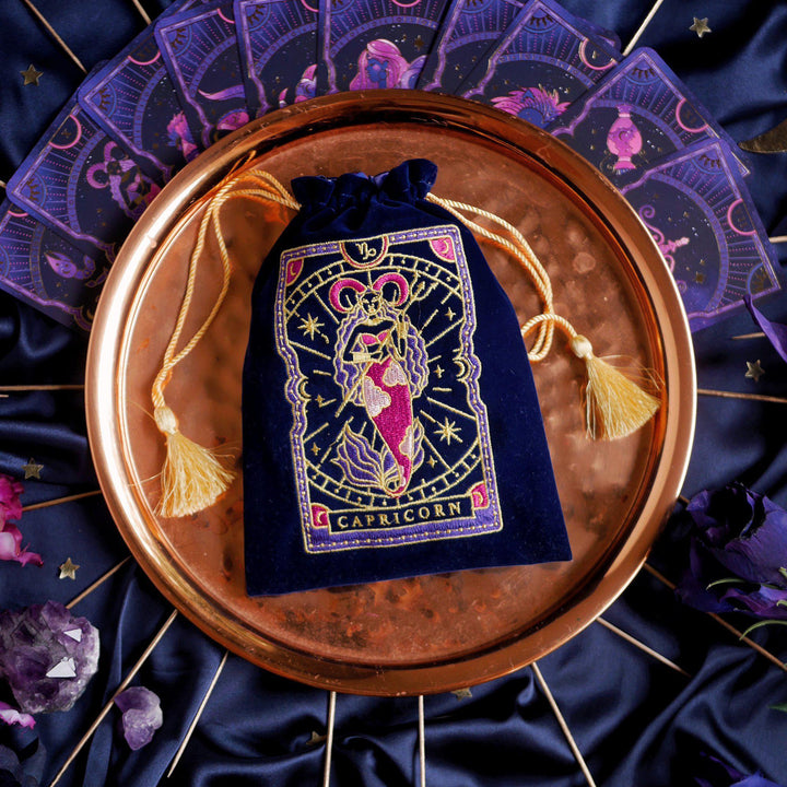 Capricorn Zodiac Tarot Deck Pouch Bag. Altar Decor protector bag for Tarot and Oracle decks. Dice bag Dungeons and Dragons D&D. Navy Blue Velvet with gold colourful Zodiac embroidery. Gold Tassel drawstring bag. Astrology decor. Zodiac gift. The Quirky Cup Collective