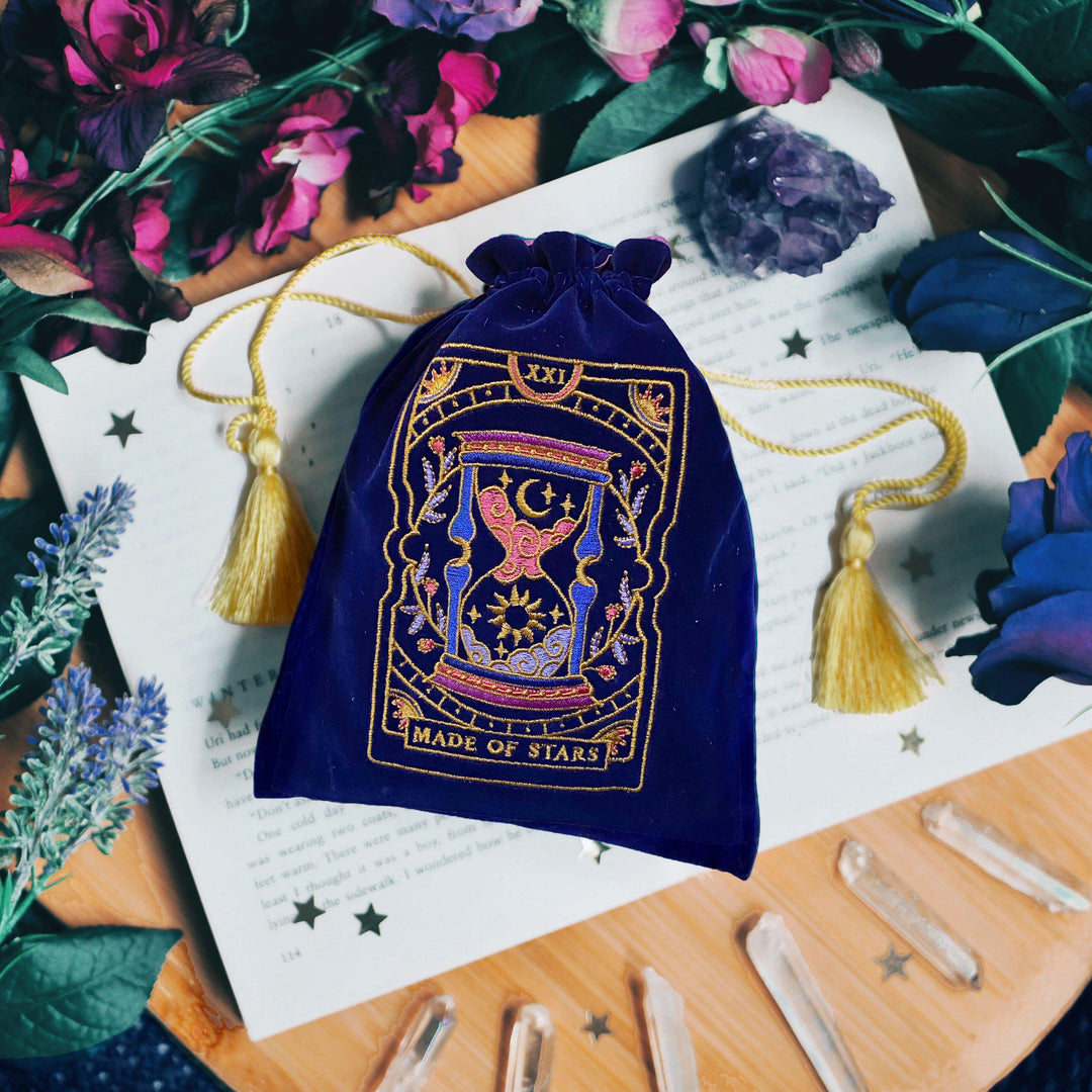 Made of Stars Tarot Deck Pouch Bag. Altar Decor protector bag for Tarot and Oracle decks. Dice bag Dungeons and Dragons D&D. Navy Blue Velvet with gold colourful Magical embroidery. Gold Tassel drawstring bag. Astrology decor. Zodiac gift. The Quirky Cup Collective