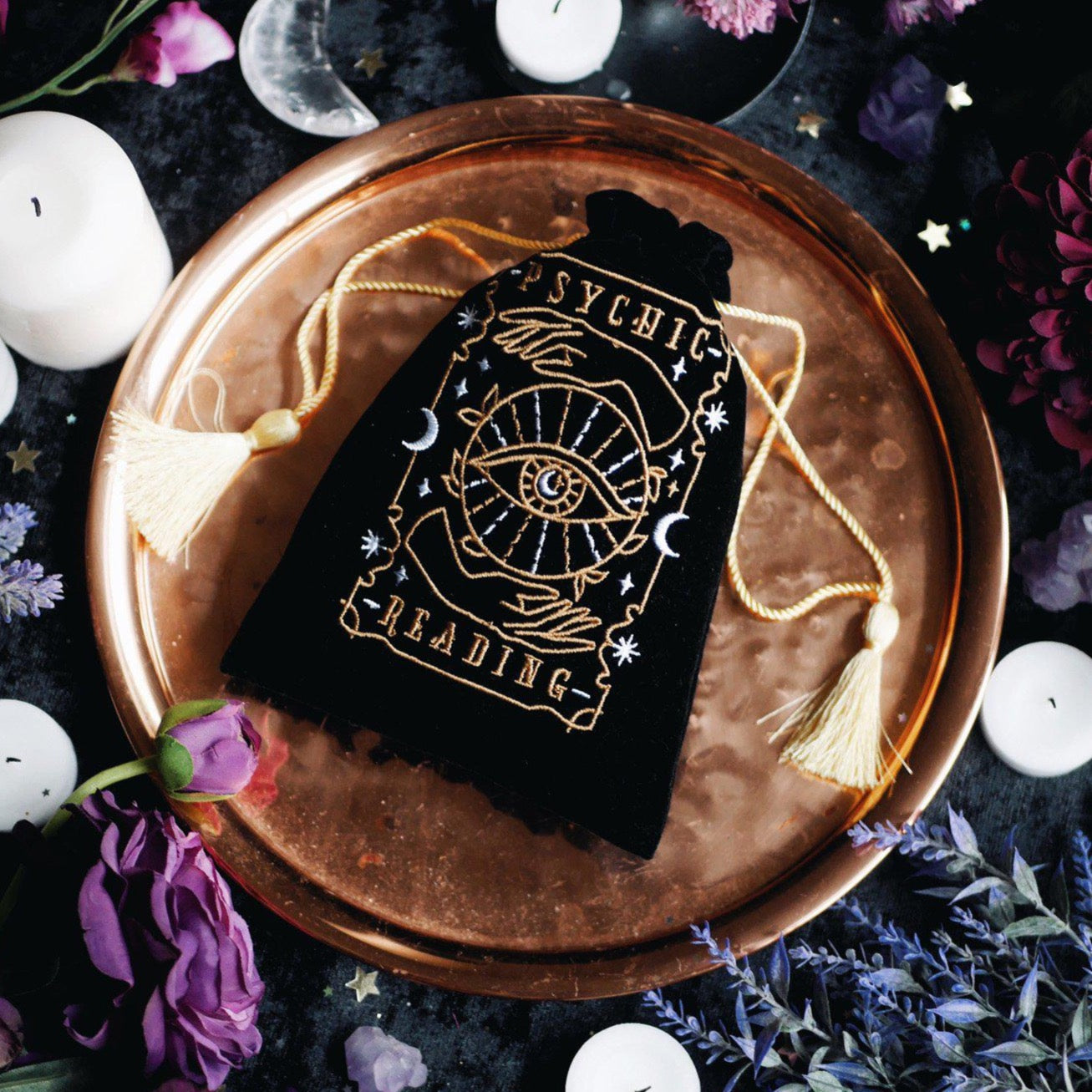 Psychic Reading Divination Tarot Deck Pouch Bag. Altar Decor protector bag for Tarot and Oracle decks. Dice bag Dungeons and Dragons D&D. Black Velvet with gold colourful Magical embroidery. Gold Tassel drawstring bag. Astrology decor. Zodiac gift. The Quirky Cup Collective