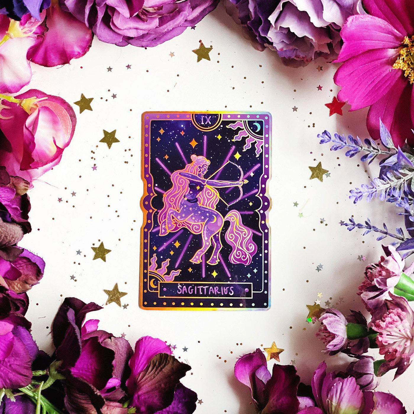 Sagittarius Zodiac Tarot Sticker-Sticker-The Quirky Cup Collective-Holographic-Foil-The Quirky Cup Collective
