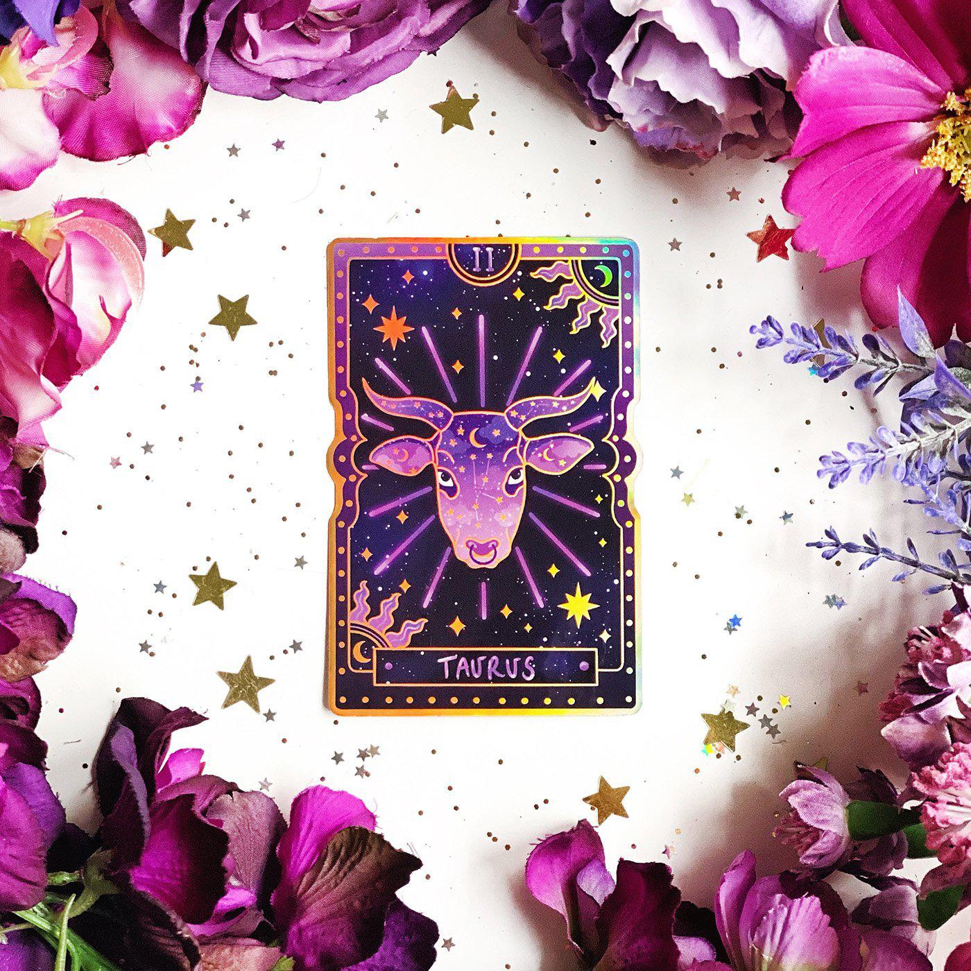 Taurus Zodiac Tarot Sticker-Sticker-The Quirky Cup Collective-Holographic-Foil-The Quirky Cup Collective
