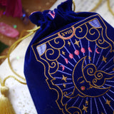 The Moon Lune Luna Tarot Deck Pouch Bag. Altar Decor protector bag for Tarot and Oracle decks. Dice bag Dungeons and Dragons D&D. Navy Blue Velvet with gold colourful Magical embroidery. Gold Tassel drawstring bag. Astrology decor. Zodiac gift. The Quirky Cup Collective