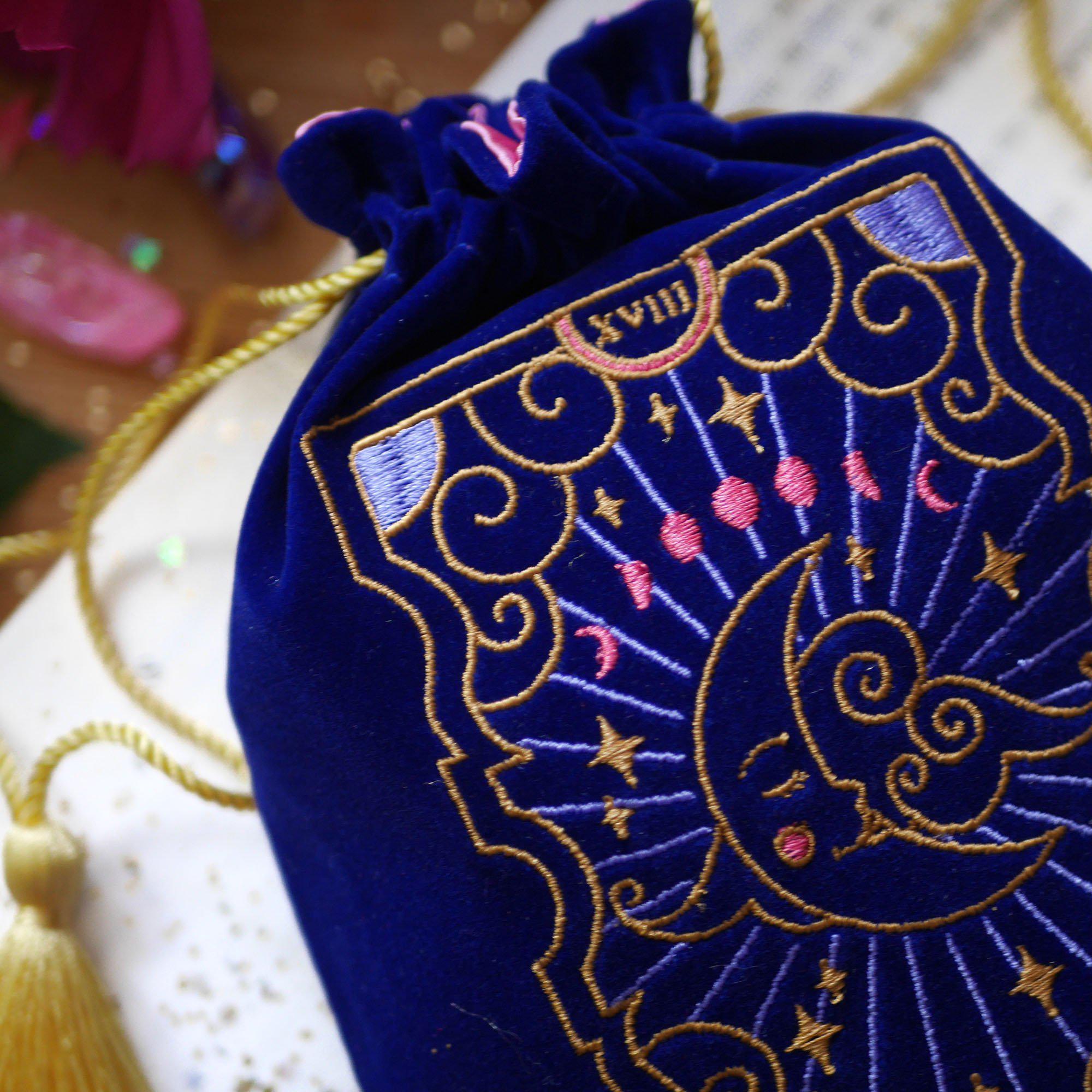 The Moon Lune Luna Tarot Deck Pouch Bag. Altar Decor protector bag for Tarot and Oracle decks. Dice bag Dungeons and Dragons D&D. Navy Blue Velvet with gold colourful Magical embroidery. Gold Tassel drawstring bag. Astrology decor. Zodiac gift. The Quirky Cup Collective