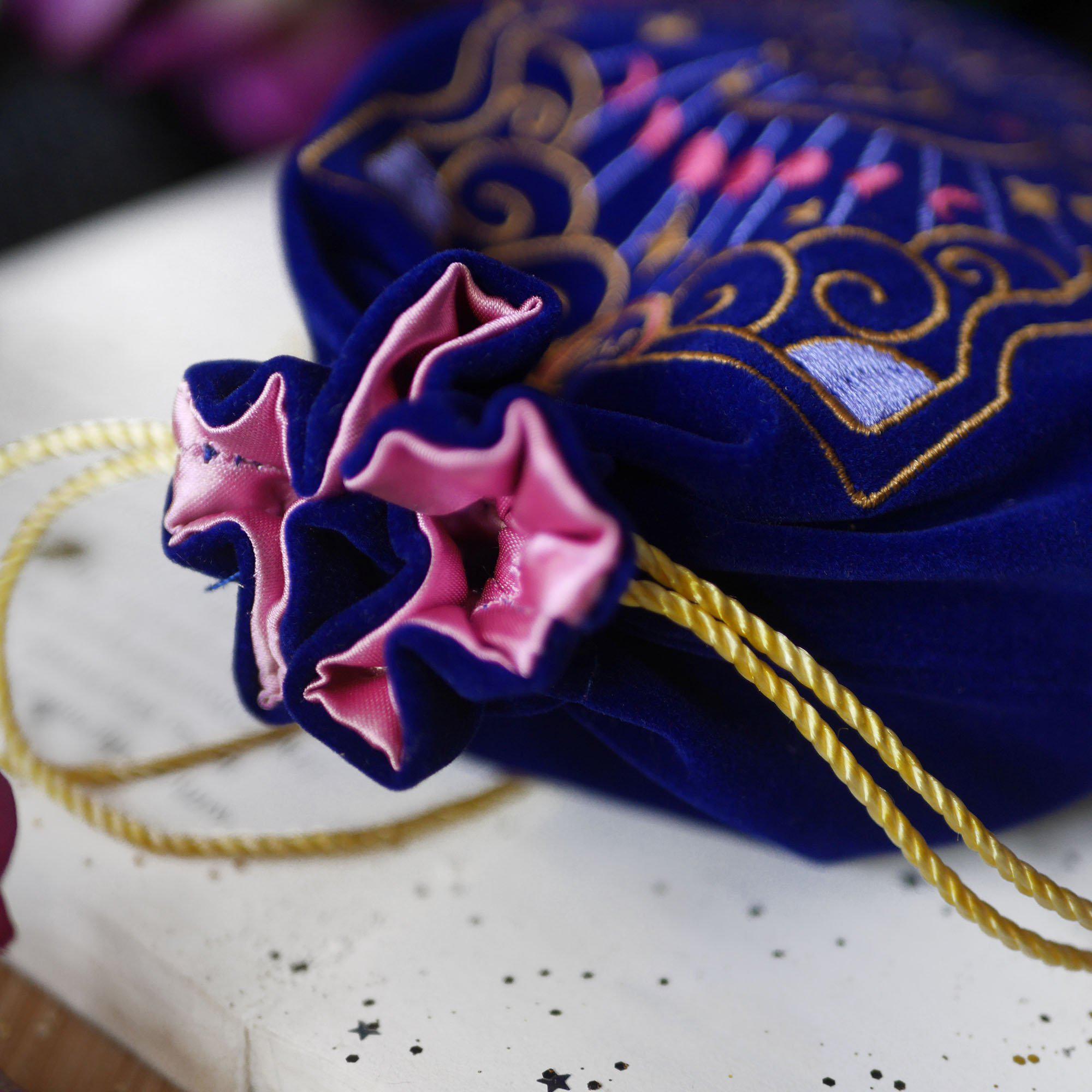 The Moon Lune Luna Tarot Deck Pouch Bag. Altar Decor protector bag for Tarot and Oracle decks. Dice bag Dungeons and Dragons D&D. Navy Blue Velvet with gold colourful Magical embroidery. Gold Tassel drawstring bag. Astrology decor. Zodiac gift. The Quirky Cup Collective