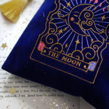 The Moon Lune Luna Tarot Deck Pouch Bag. Altar Decor protector bag for Tarot and Oracle decks. Dice bag Dungeons and Dragons D&D. Navy Blue Velvet with gold colourful Magical embroidery. Gold Tassel drawstring bag. Astrology decor. Zodiac gift. The Quirky Cup Collective