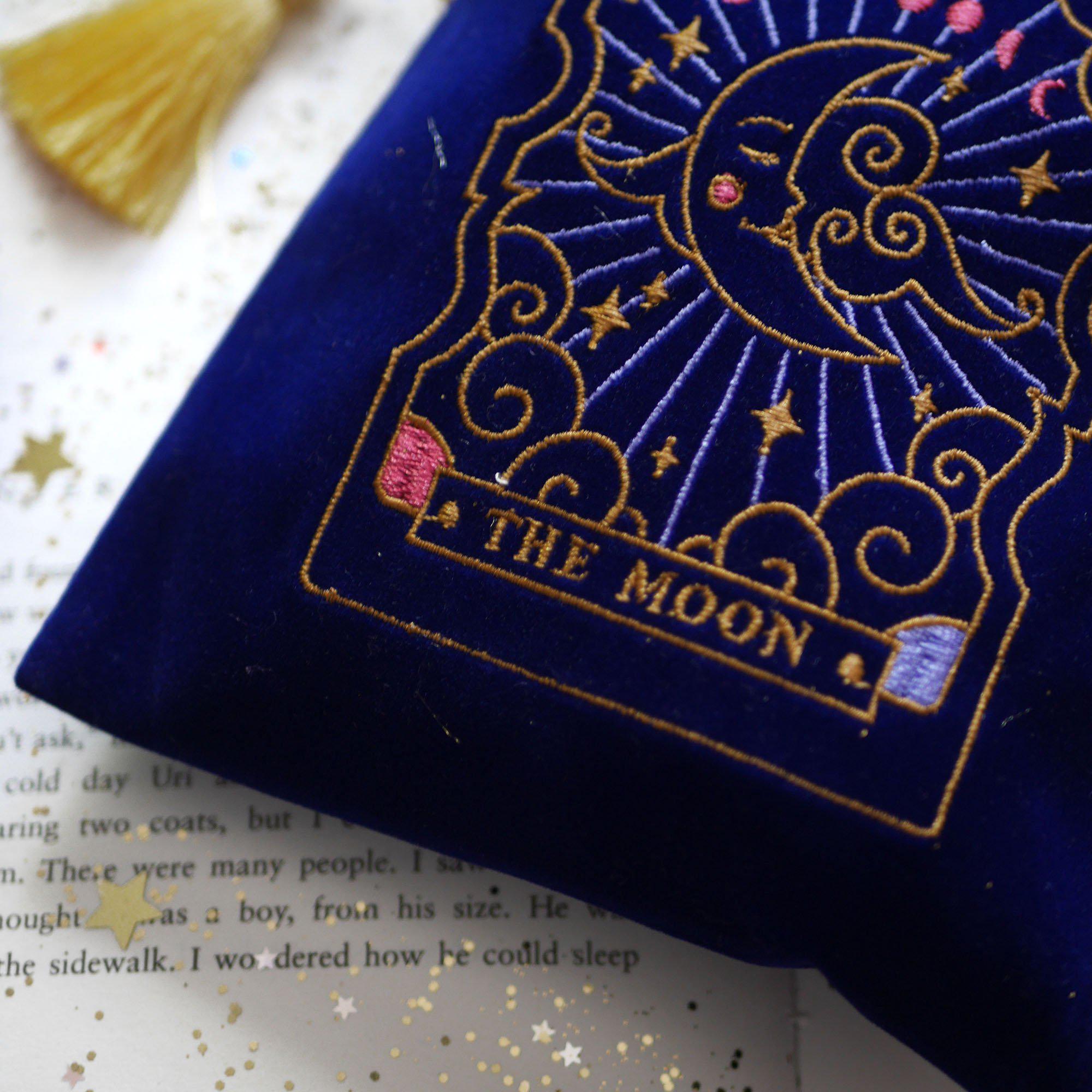 The Moon Lune Luna Tarot Deck Pouch Bag. Altar Decor protector bag for Tarot and Oracle decks. Dice bag Dungeons and Dragons D&D. Navy Blue Velvet with gold colourful Magical embroidery. Gold Tassel drawstring bag. Astrology decor. Zodiac gift. The Quirky Cup Collective