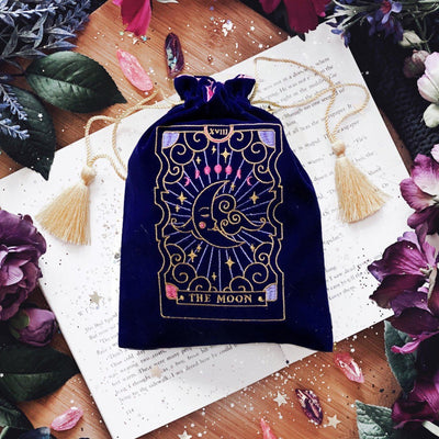 The Moon Lune Luna Tarot Deck Pouch Bag. Altar Decor protector bag for Tarot and Oracle decks. Dice bag Dungeons and Dragons D&D. Navy Blue Velvet with gold colourful Magical embroidery. Gold Tassel drawstring bag. Astrology decor. Zodiac gift. The Quirky Cup Collective