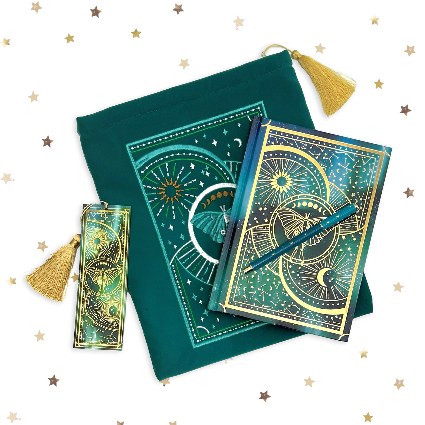 Luna Moth Stationery Bundle - Bookmark - Book Sleeve - iPad Sleeve - Kindle Sleeve - Journal - Notebook - Pen - The Quirky Cup Collective