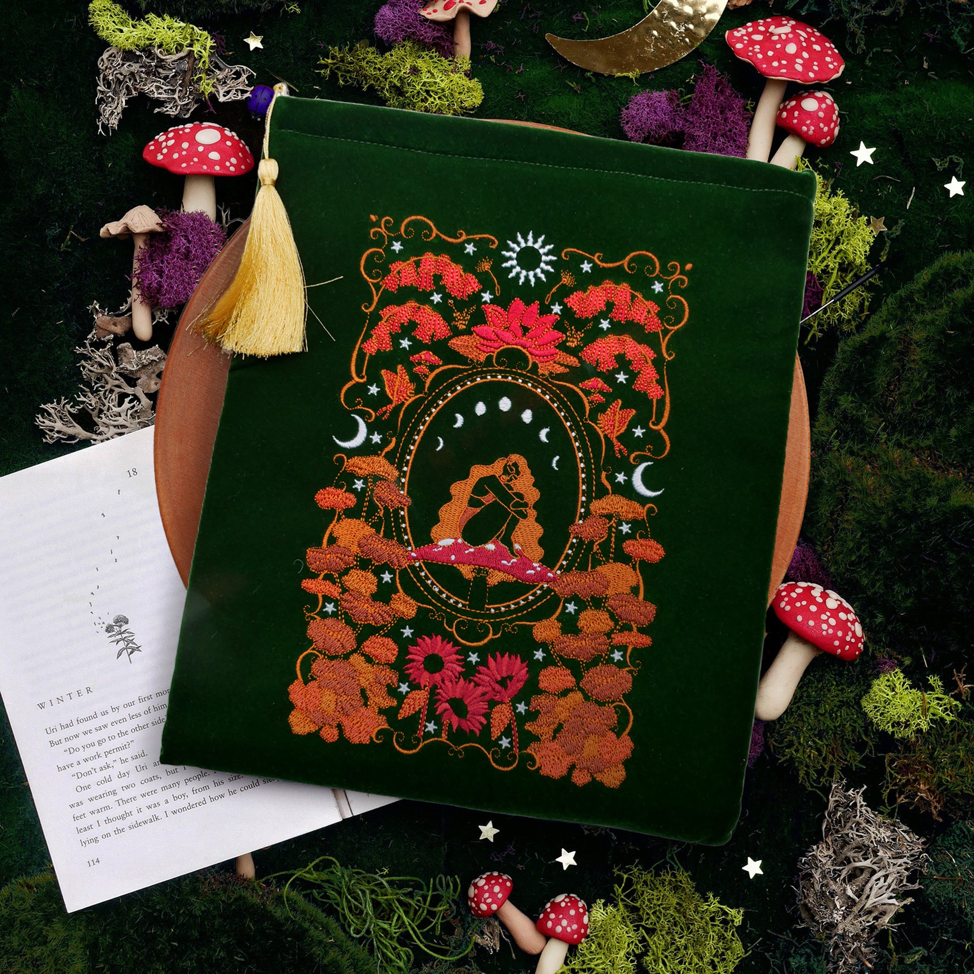 Wonderland Book and iPad sleeve. Blue velvet with purple and gold embroidery-The Quirky Cup Collective