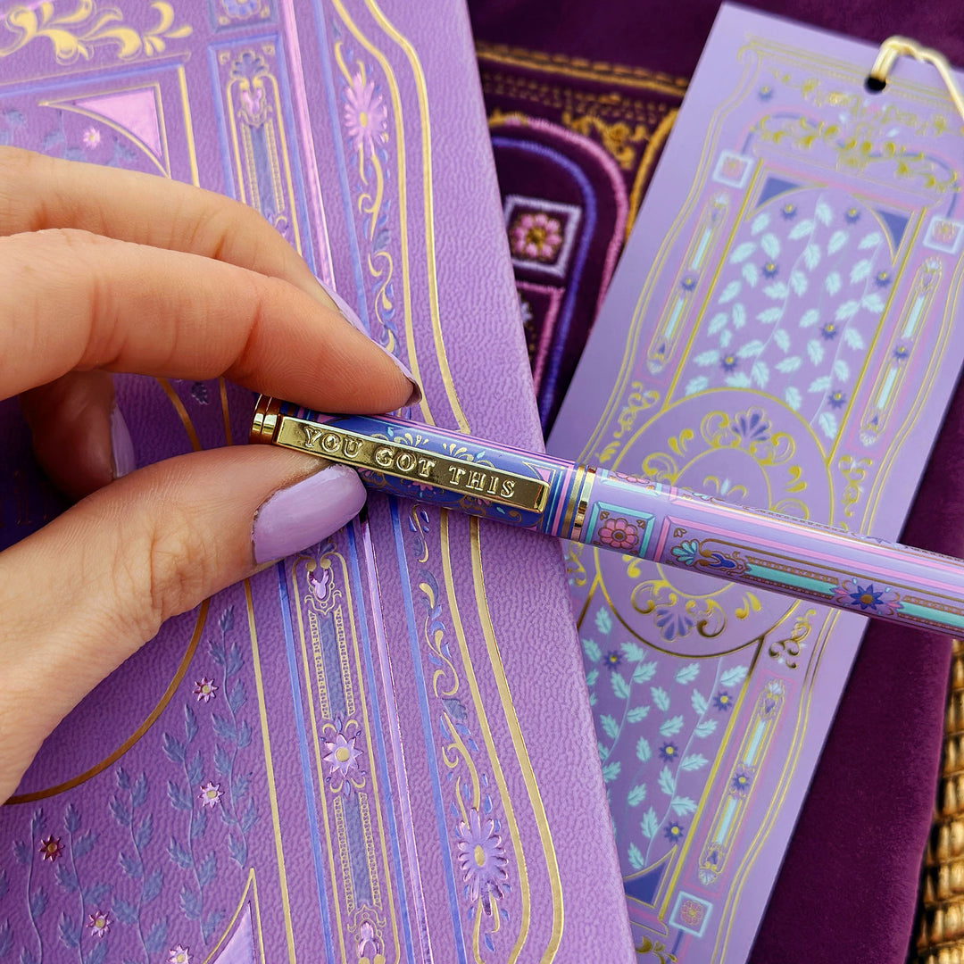 You Got This - Gel Pen - Wisteria - Black Ink - Gold Barrel - Purple body/pen barrel with dark purple, pink and turquoise floral inspired vintage design - gel pen- The Quirky Cup Collective
