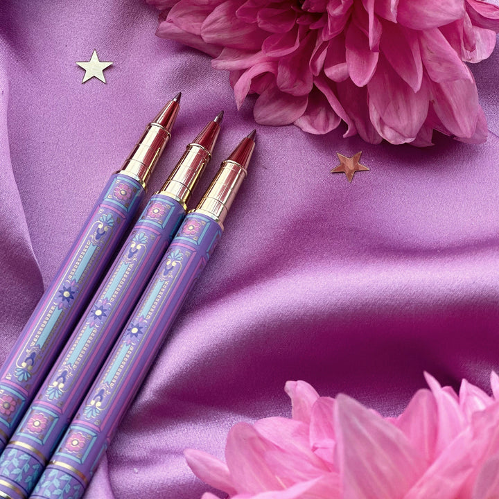 You Got This - Gel Pen - Wisteria - Black Ink - Gold Barrel - Purple body/pen barrel with dark purple, pink and turquoise floral inspired vintage design - gel pen- The Quirky Cup Collective